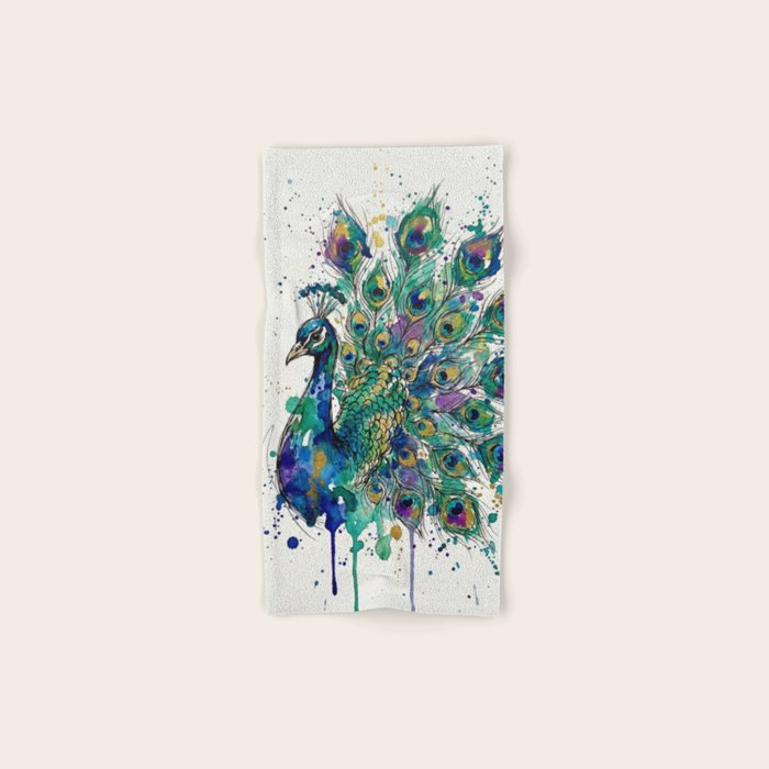 Abstract Peacock Ink and Watercolour Splatter Art Print Bath Towel Gallery Image 1
