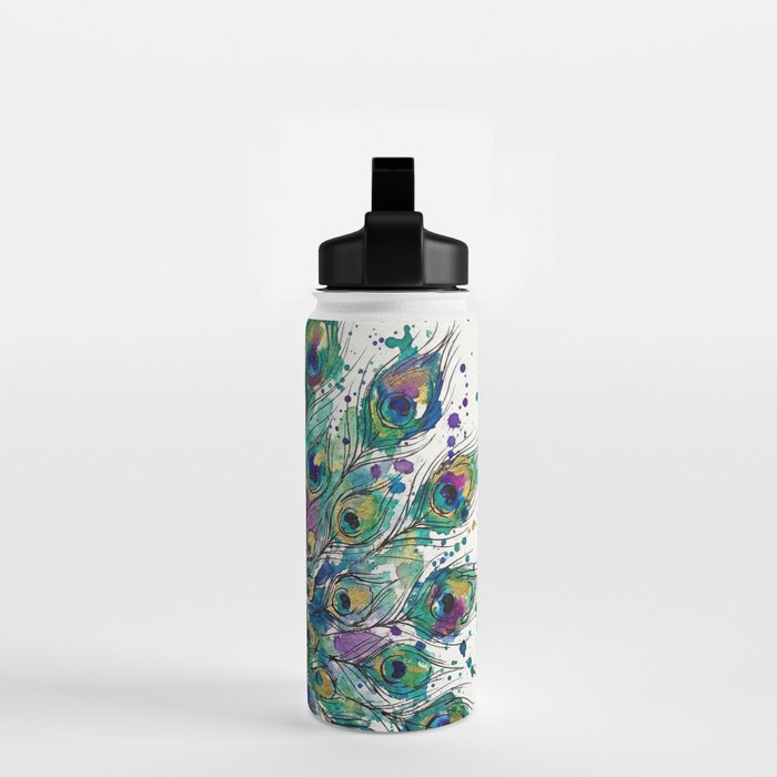 Abstract Peacock Ink and Watercolour Splatter Art Print Water Bottle Gallery Image 2
