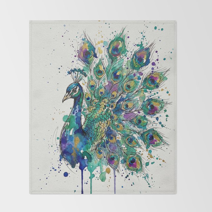 Abstract Peacock Ink and Watercolour Splatter Art Print Throw Blanket Gallery Image 2
