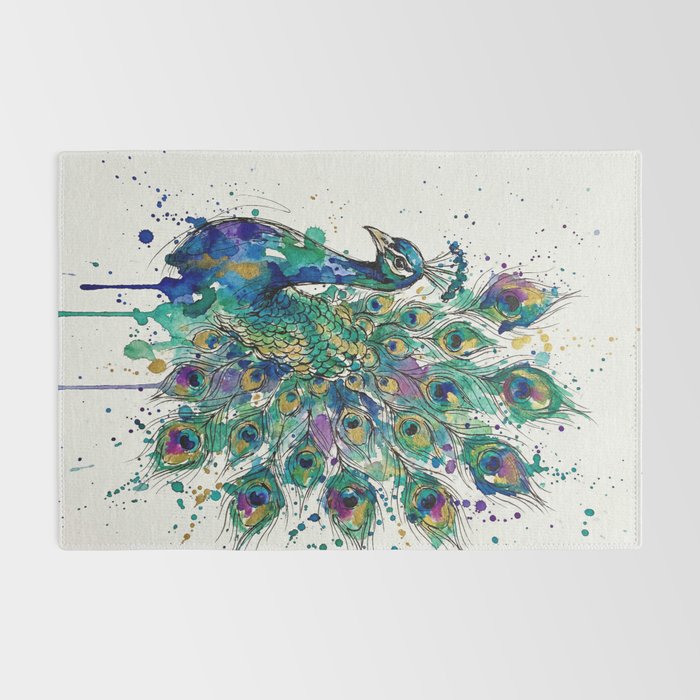 Abstract Peacock Ink and Watercolour Splatter Art Print Rug Gallery Image 2