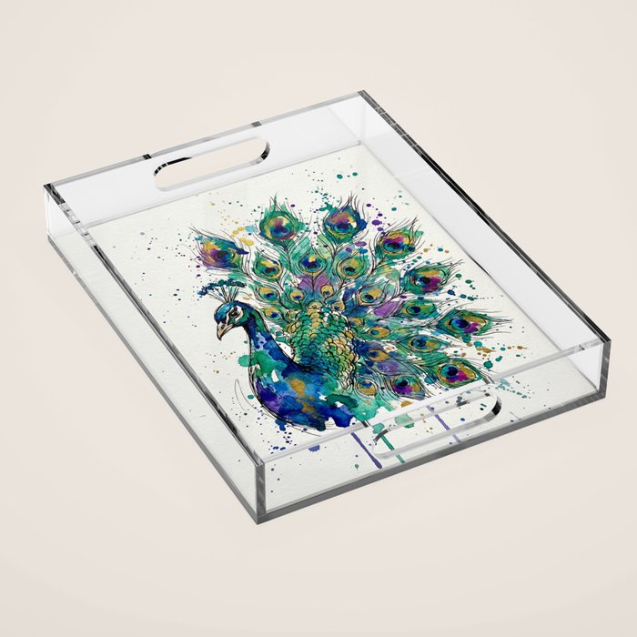 Abstract Peacock Ink and Watercolour Splatter Art Print Acrylic Tray Gallery Image 1