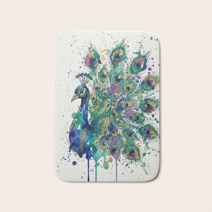 Abstract Peacock Ink and Watercolour Splatter Art Print Bath Mat Gallery Image 1