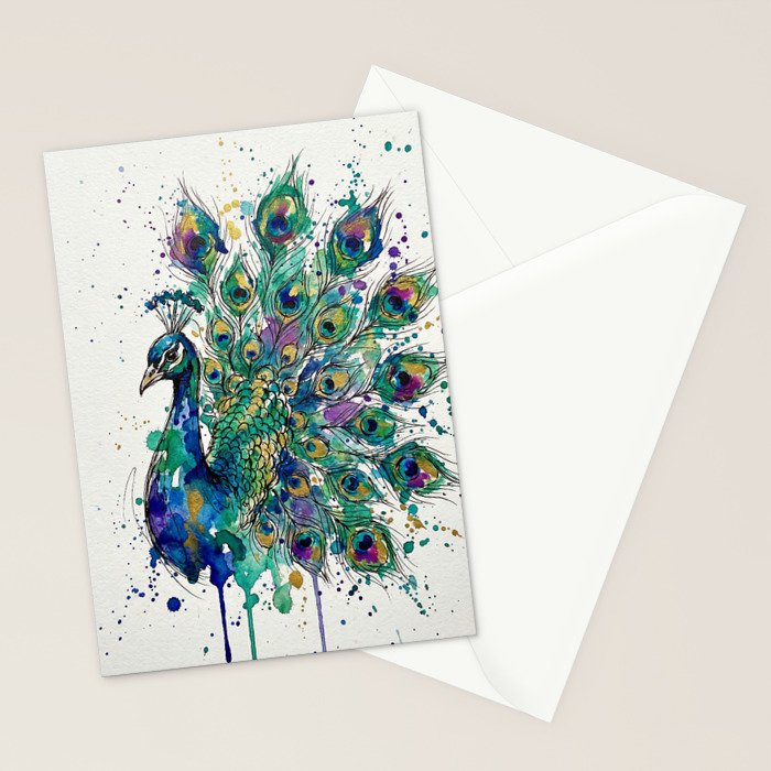 Abstract Peacock Ink and Watercolour Splatter Art Print Stationery Card Gallery Image 2