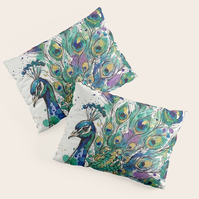 Abstract Peacock Ink and Watercolour Splatter Art Print Pillow Sham Gallery Image 3