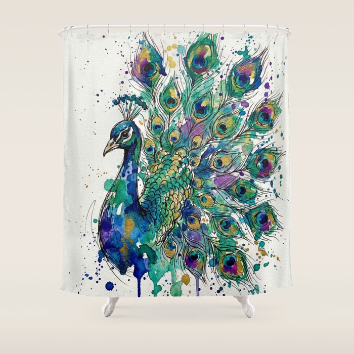 Abstract Peacock Ink and Watercolour Splatter Art Print Shower Curtain Gallery Image 1