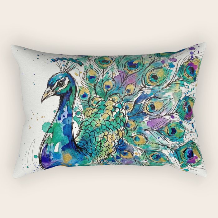 Abstract Peacock Ink and Watercolour Splatter Art Print Rectangular Pillow Gallery Image 2