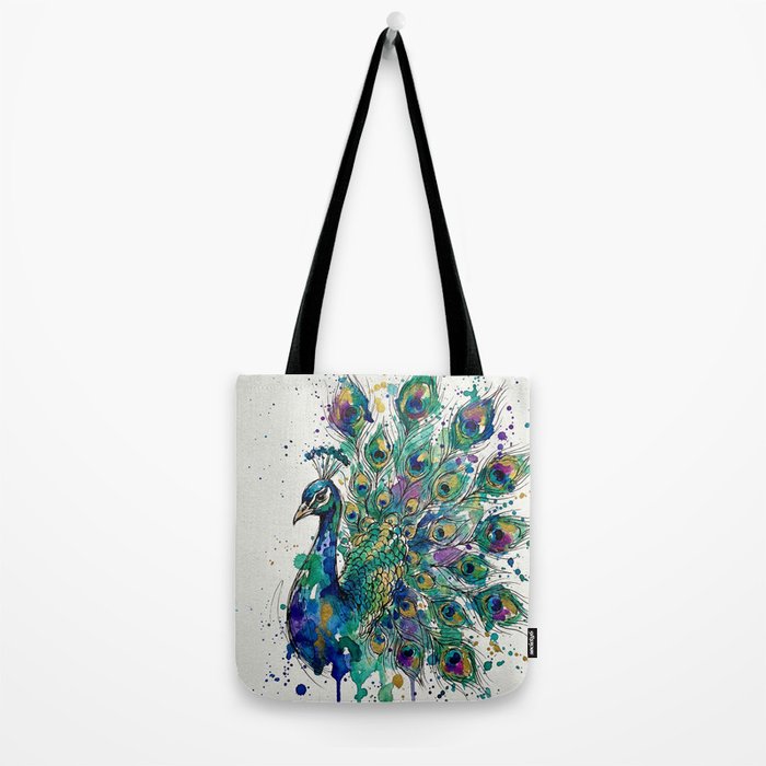 Abstract Peacock Ink and Watercolour Splatter Art Print Tote Bag Gallery Image 2