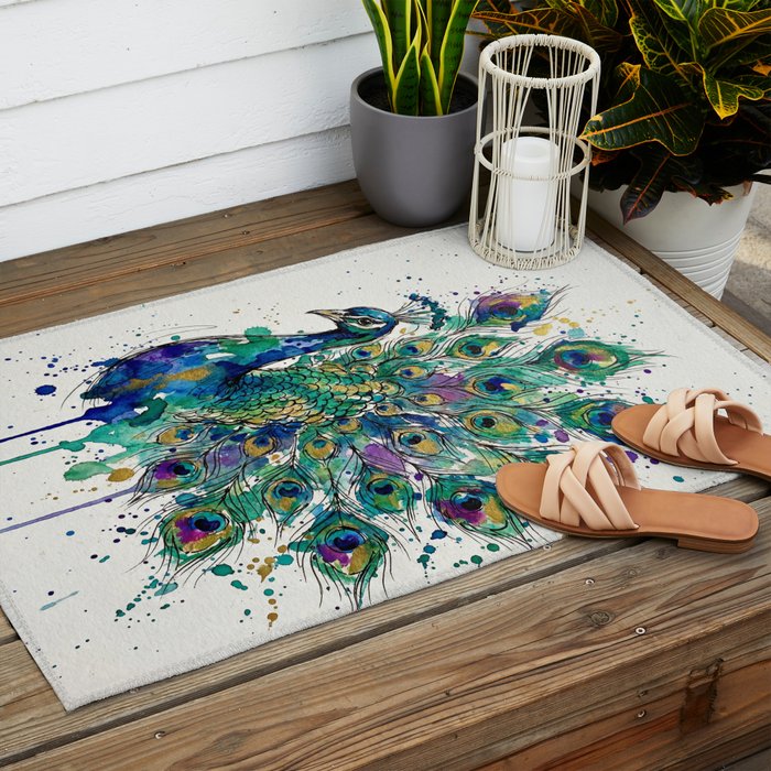 Abstract Peacock Ink and Watercolour Splatter Art Print Outdoor Rug Gallery Image 2