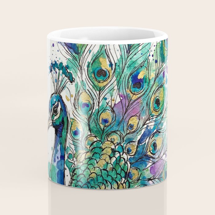 Abstract Peacock Ink and Watercolour Splatter Art Print Coffee Mug Gallery Image 4