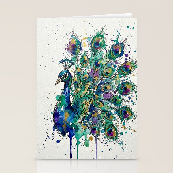 Abstract Peacock Ink and Watercolour Splatter Art Print Stationery Card Gallery Image 2