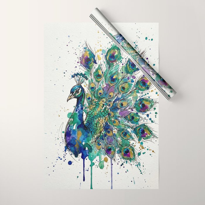 Abstract Peacock Ink and Watercolour Splatter Art Print Wrapping Paper Gallery Image 1