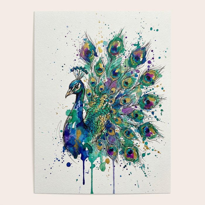 Abstract Peacock Ink and Watercolour Splatter Art Print Poster Gallery Image 4