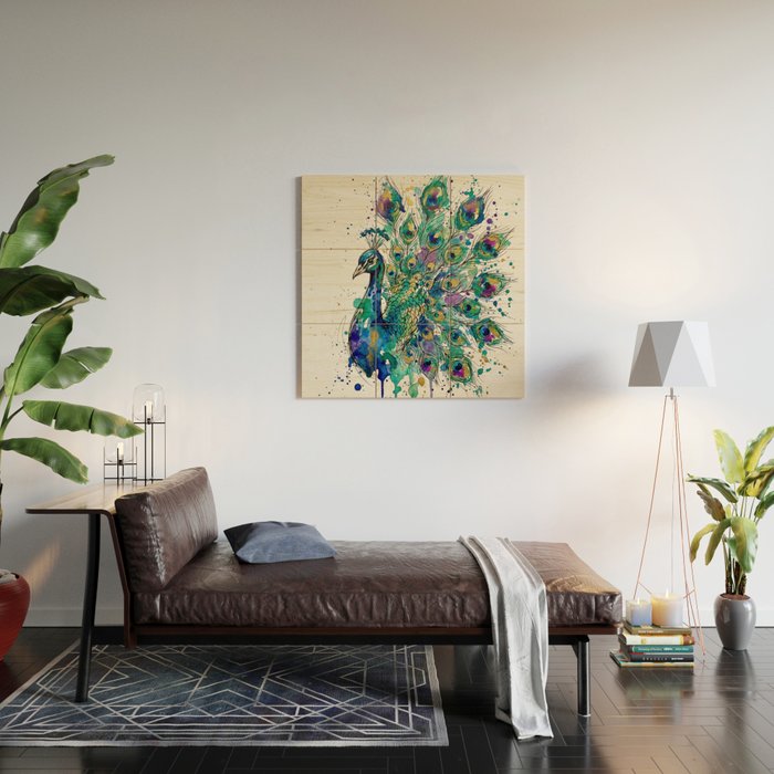 Abstract Peacock Ink and Watercolour Splatter Art Print Wood Wall Art Gallery Image 2