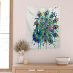 Abstract Peacock Ink and Watercolour Splatter Art Print Wall Tapestry Gallery Image 2