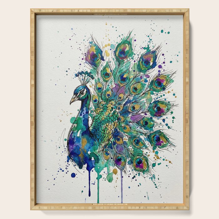 Abstract Peacock Ink and Watercolour Splatter Art Print Serving Tray Gallery Image 1
