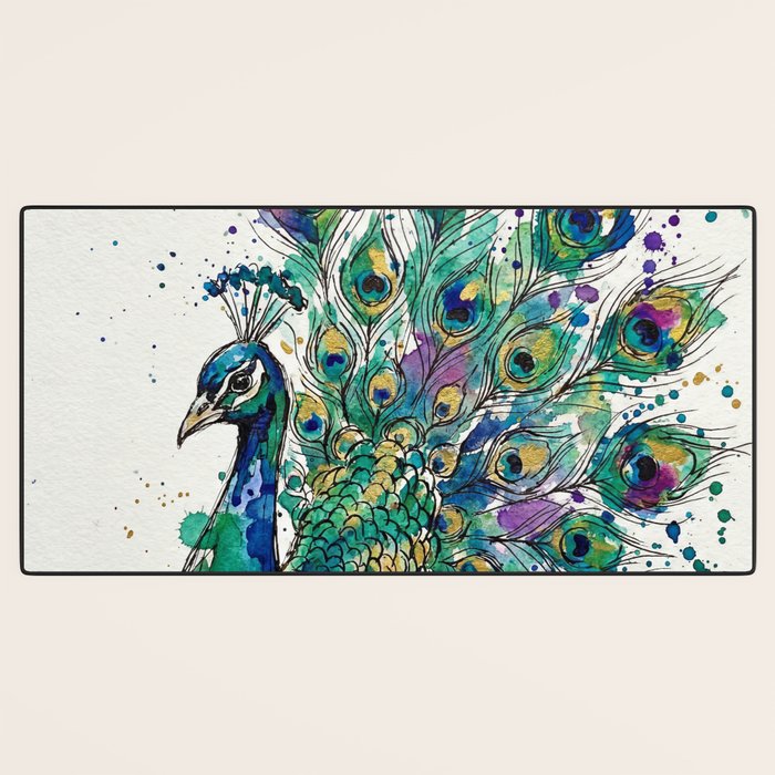 Abstract Peacock Ink and Watercolour Splatter Art Print Desk Mat Gallery Image 3