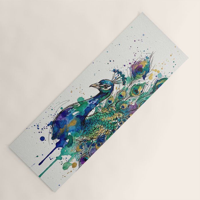 Abstract Peacock Ink and Watercolour Splatter Art Print Yoga Mat Gallery Image 1