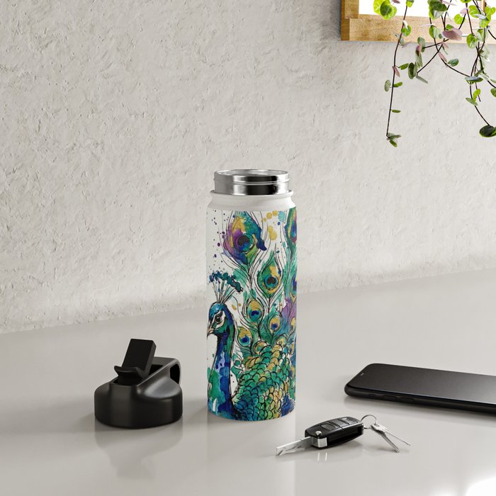 Abstract Peacock Ink and Watercolour Splatter Art Print Water Bottle Gallery Image 4
