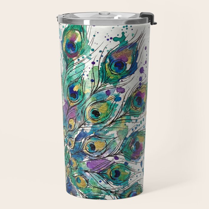 Abstract Peacock Ink and Watercolour Splatter Art Print Travel Mug Gallery Image 2