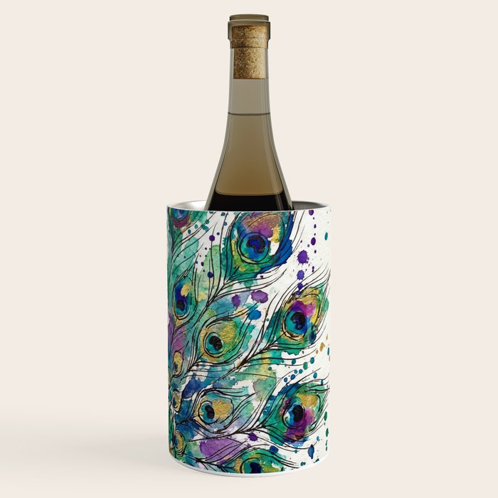 Abstract Peacock Ink and Watercolour Splatter Art Print Wine Chiller Gallery Image 3