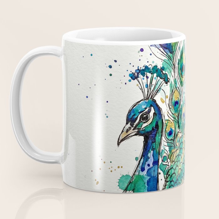 Abstract Peacock Ink and Watercolour Splatter Art Print Coffee Mug Gallery Image 3