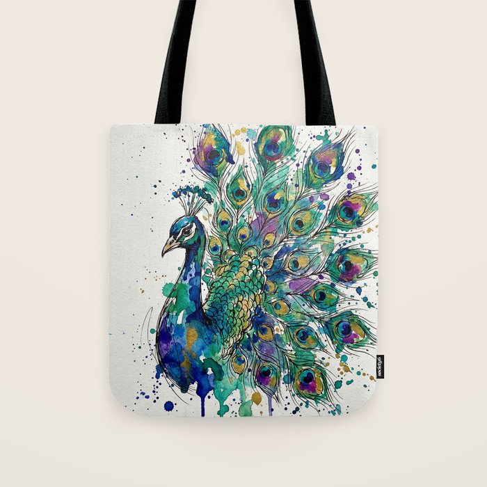 Abstract Peacock Ink and Watercolour Splatter Art Print Tote Bag Gallery Image 1
