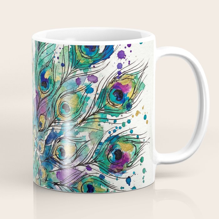 Abstract Peacock Ink and Watercolour Splatter Art Print Coffee Mug Gallery Image 1