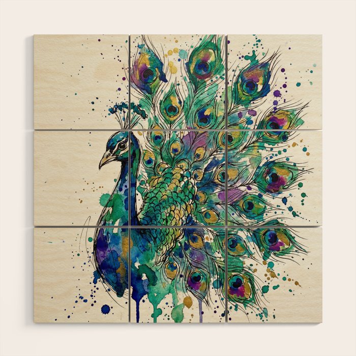 Abstract Peacock Ink and Watercolour Splatter Art Print Wood Wall Art Gallery Image 1