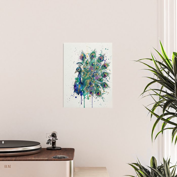 Abstract Peacock Ink and Watercolour Splatter Art Print Poster Gallery Image 2