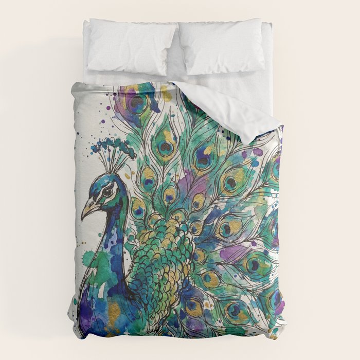 Abstract Peacock Ink and Watercolour Splatter Art Print Duvet Cover Gallery Image 6