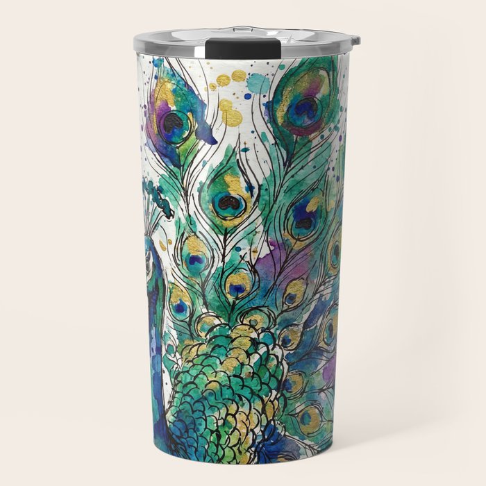 Abstract Peacock Ink and Watercolour Splatter Art Print Travel Mug Gallery Image 1