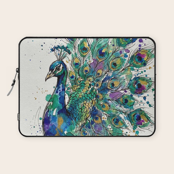 Abstract Peacock Ink and Watercolour Splatter Art Print Laptop Sleeve Gallery Image 1
