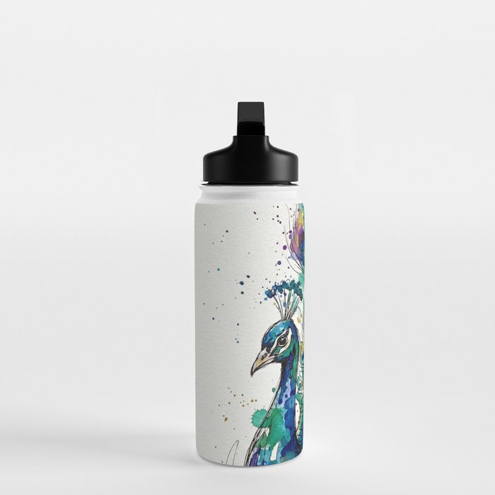 Abstract Peacock Ink and Watercolour Splatter Art Print Water Bottle Gallery Image 3