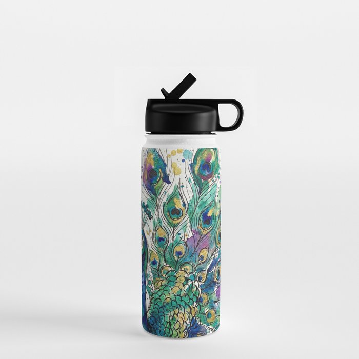 Abstract Peacock Ink and Watercolour Splatter Art Print Water Bottle Gallery Image 1