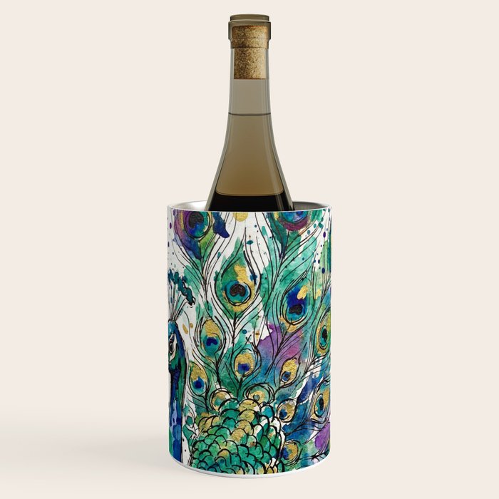 Abstract Peacock Ink and Watercolour Splatter Art Print Wine Chiller Gallery Image 1