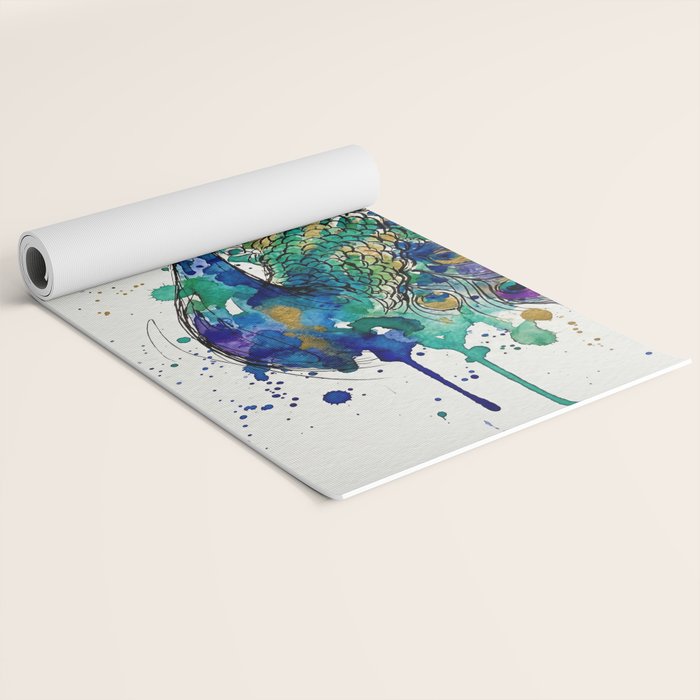 Abstract Peacock Ink and Watercolour Splatter Art Print Yoga Mat Gallery Image 2