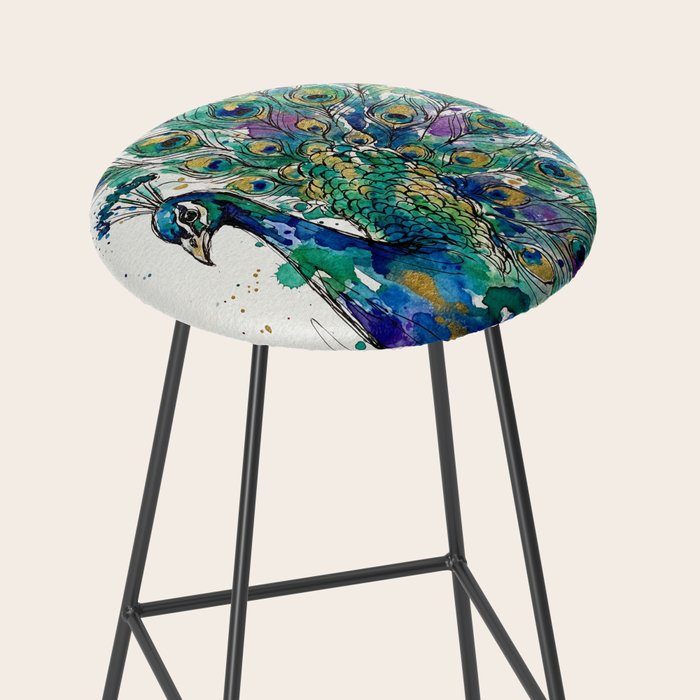 Abstract Peacock Ink and Watercolour Splatter Art Print Stool Gallery Image 2