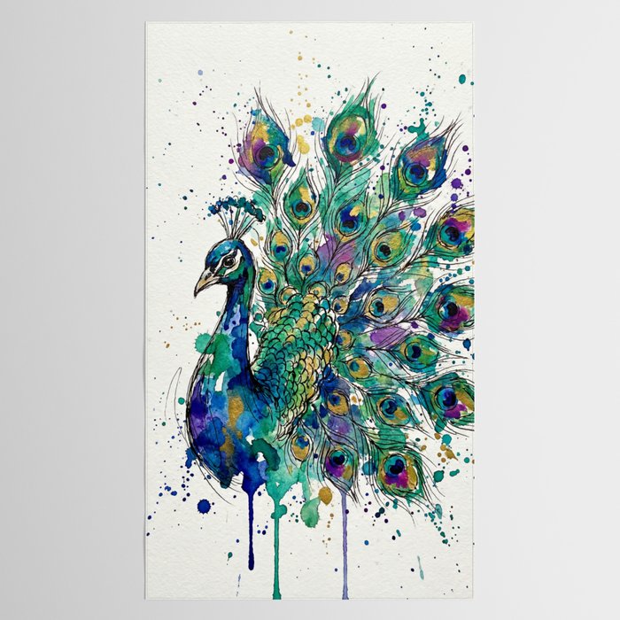 Abstract Peacock Ink and Watercolour Splatter Art Print Tablecloth Gallery Image 2
