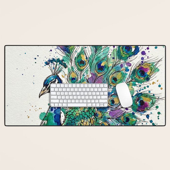 Abstract Peacock Ink and Watercolour Splatter Art Print Desk Mat Gallery Image 1