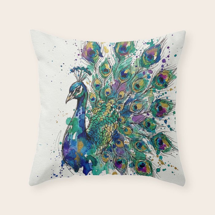 Abstract Peacock Ink and Watercolour Splatter Art Print Throw Pillow Gallery Image 6