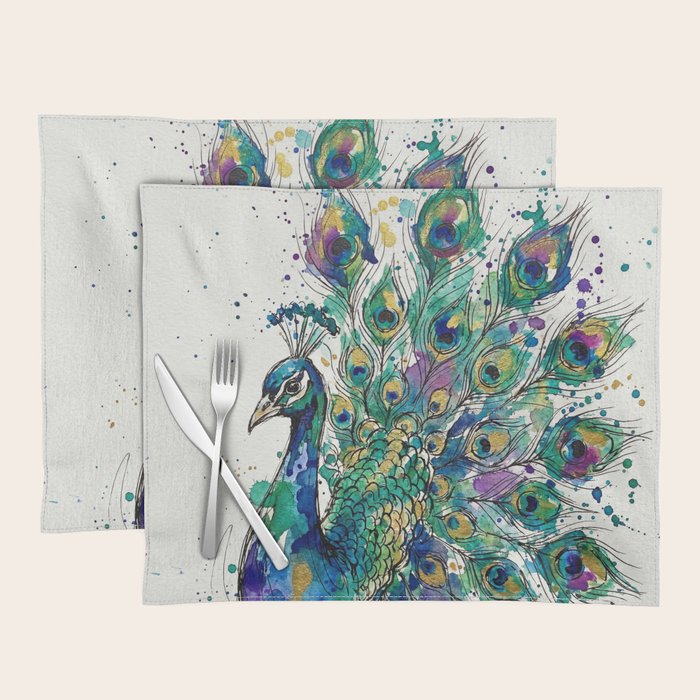 Abstract Peacock Ink and Watercolour Splatter Art Print Placemat Gallery Image 1