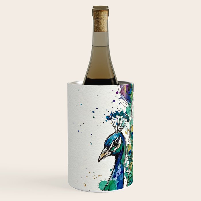 Abstract Peacock Ink and Watercolour Splatter Art Print Wine Chiller Gallery Image 2