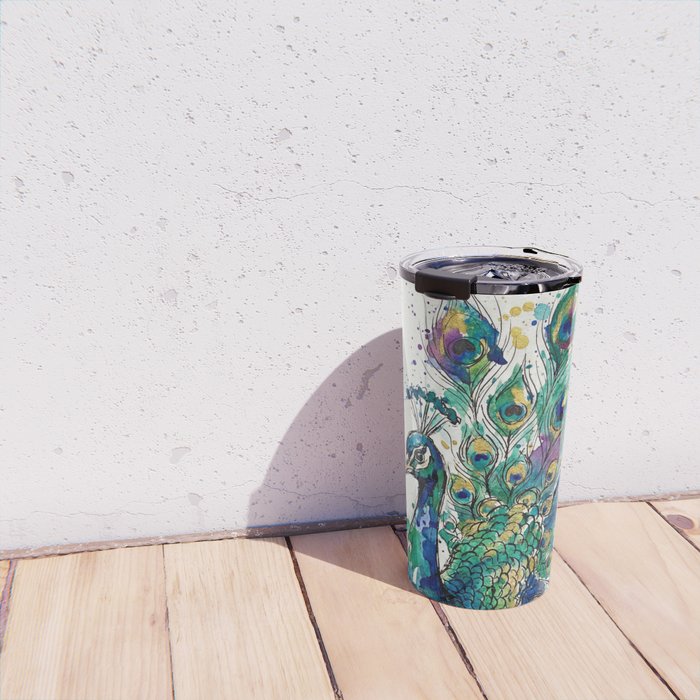 Abstract Peacock Ink and Watercolour Splatter Art Print Travel Mug Gallery Image 4