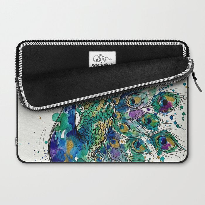 Abstract Peacock Ink and Watercolour Splatter Art Print Laptop Sleeve Gallery Image 2