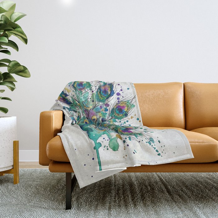 Abstract Peacock Ink and Watercolour Splatter Art Print Throw Blanket Gallery Image 1