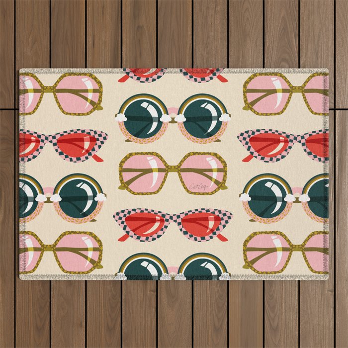 Retro Sunglasses - Red & Teal on Cream Outdoor Rug Gallery Image 1