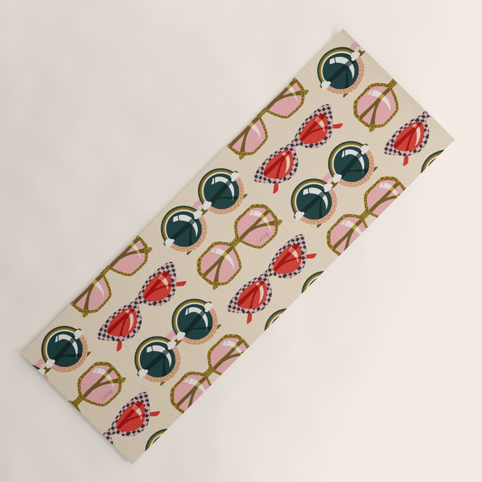 Retro Sunglasses - Red & Teal on Cream Yoga Mat Gallery Image 1
