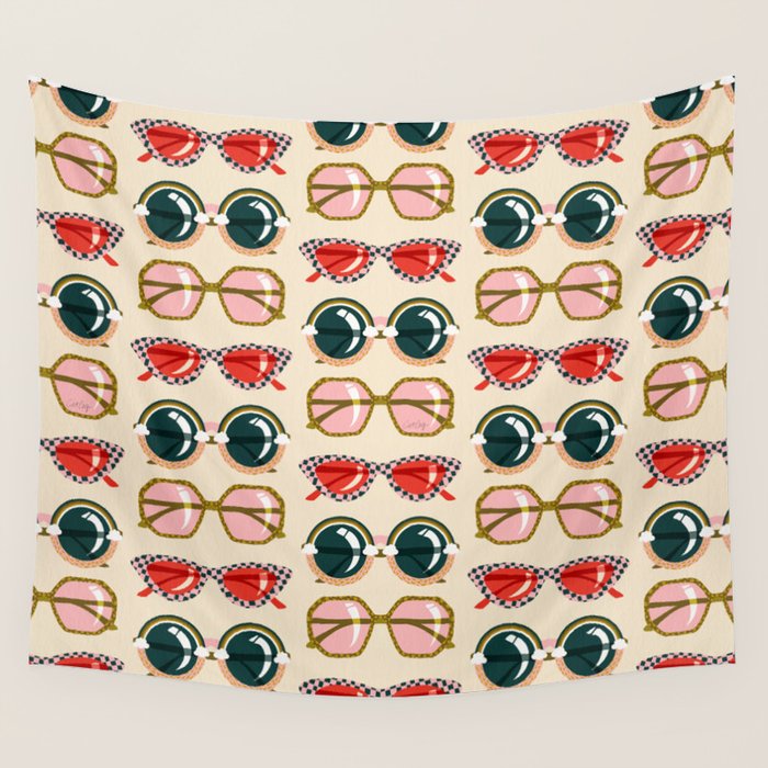 Retro Sunglasses - Red & Teal on Cream Wall Tapestry Gallery Image 4