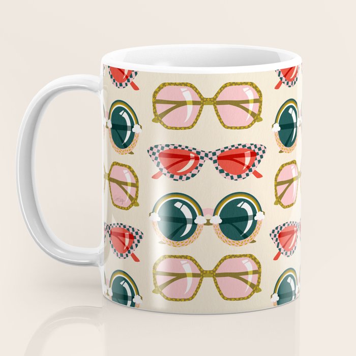 Retro Sunglasses - Red & Teal on Cream Coffee Mug Gallery Image 3
