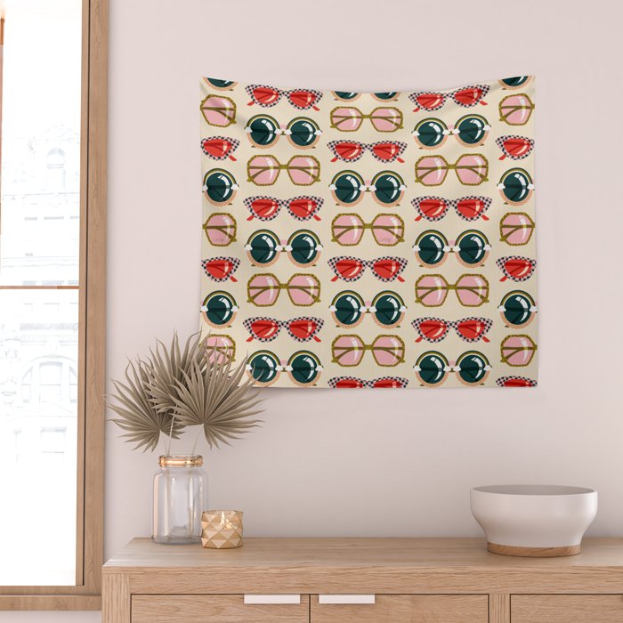 Retro Sunglasses - Red & Teal on Cream Wall Tapestry Gallery Image 2